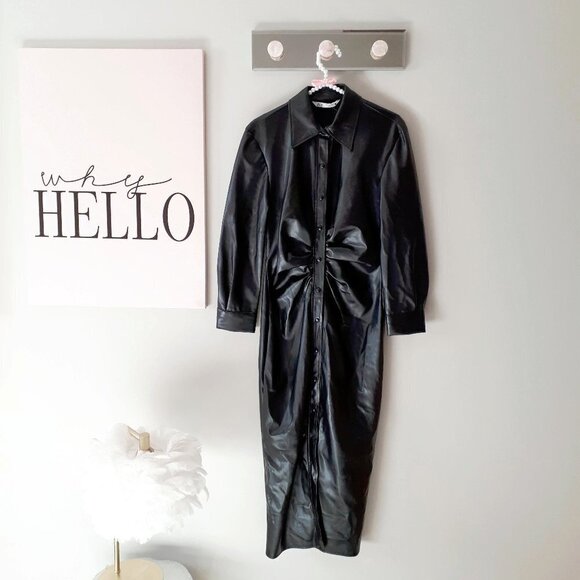 NWOT Zara black faux leather gathered waist button-up collared shirt dress, S - Picture 10 of 12